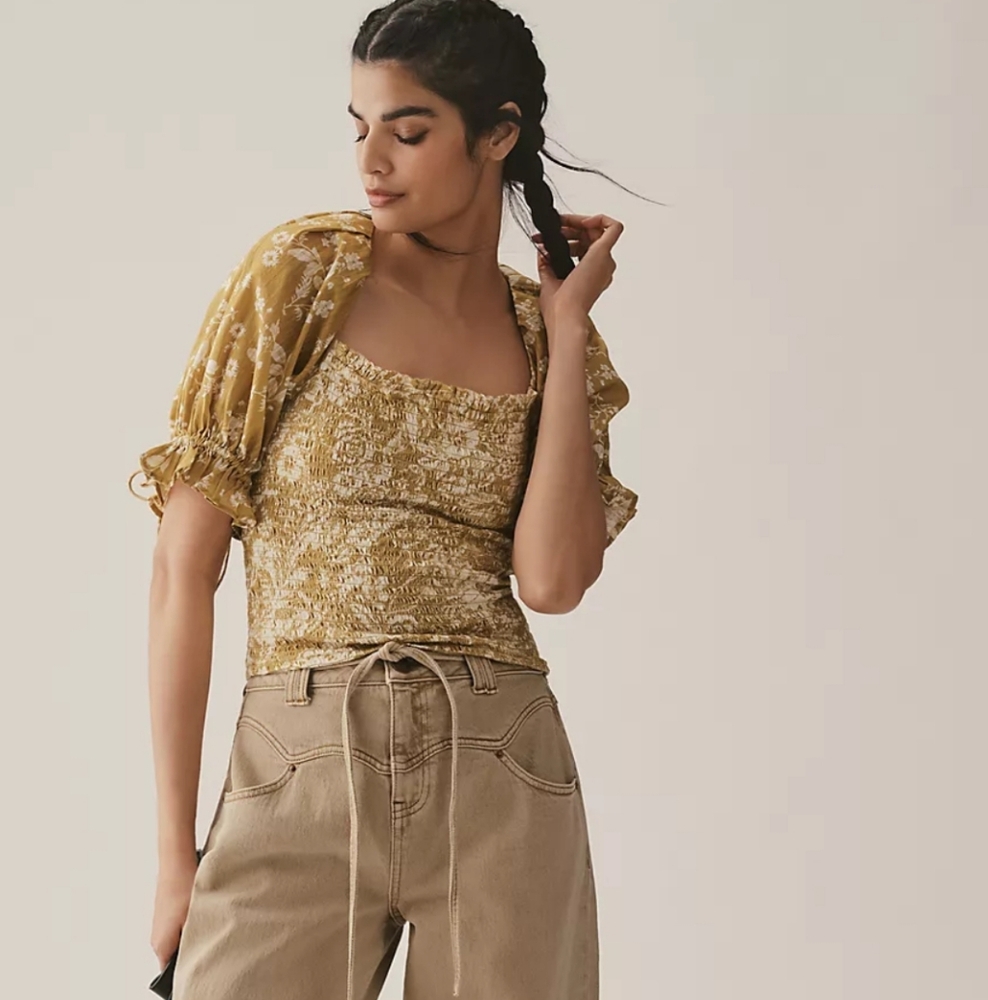 Anthropologie Floral Puff Sleeve Blouse